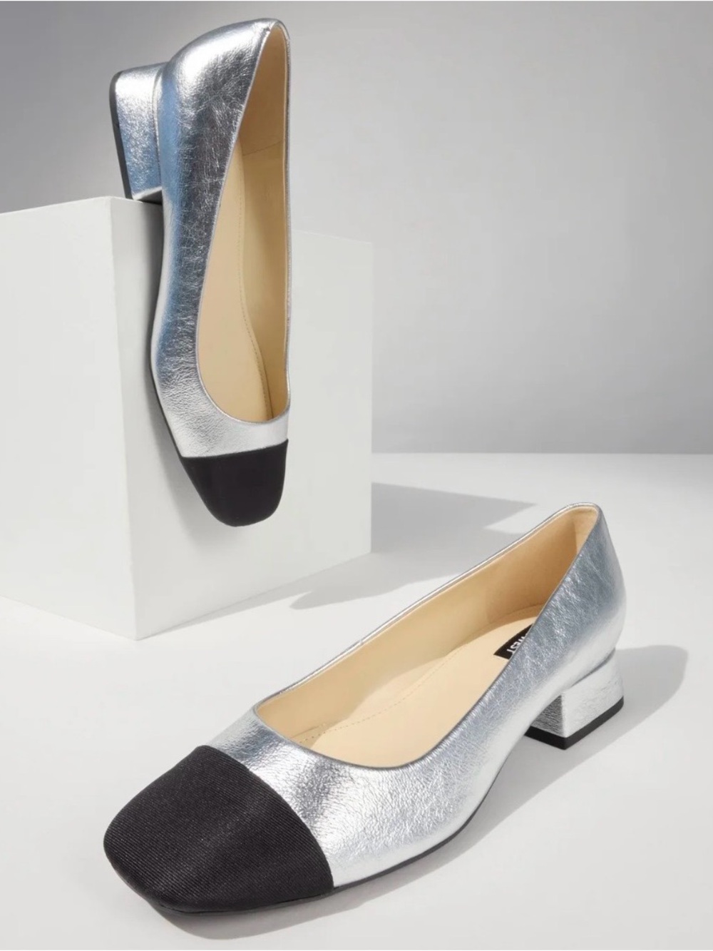 Nine West “Sophe”Silver Low Block-Heel Pump with Black Cap Toe